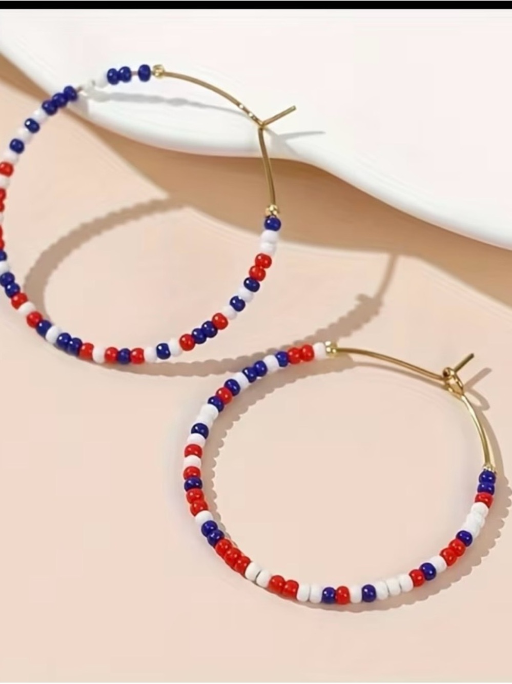 Gold Hoop Earrings with Red, White & Blue Seed Beads - Picture 3 of 4